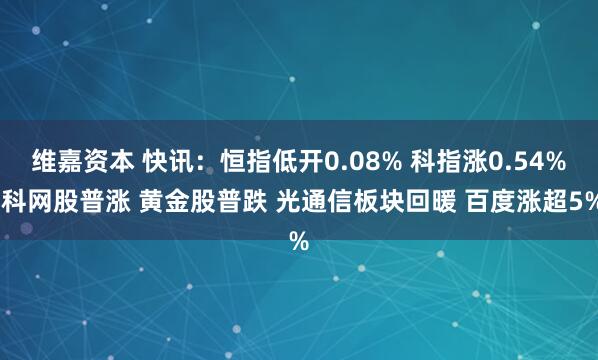 维嘉资本 快讯：恒指低开0.08% 科指涨0.54% 科网股普涨 黄金股普跌 光通信板块回暖 百度涨超5%